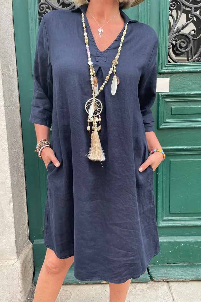 V-neck 3/4 Sleeves Loose Bohemian Dress