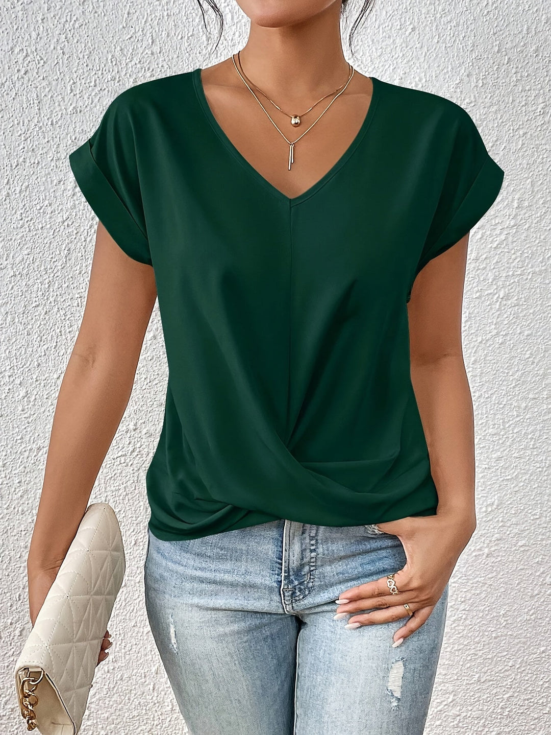 Hazel | Women's V-Neck Short-Sleeve Blouse with Front Twist-Knot