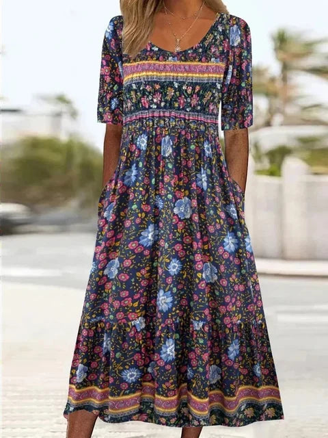 Jessica | Women's Boho Printed Square Neck Midi Dress