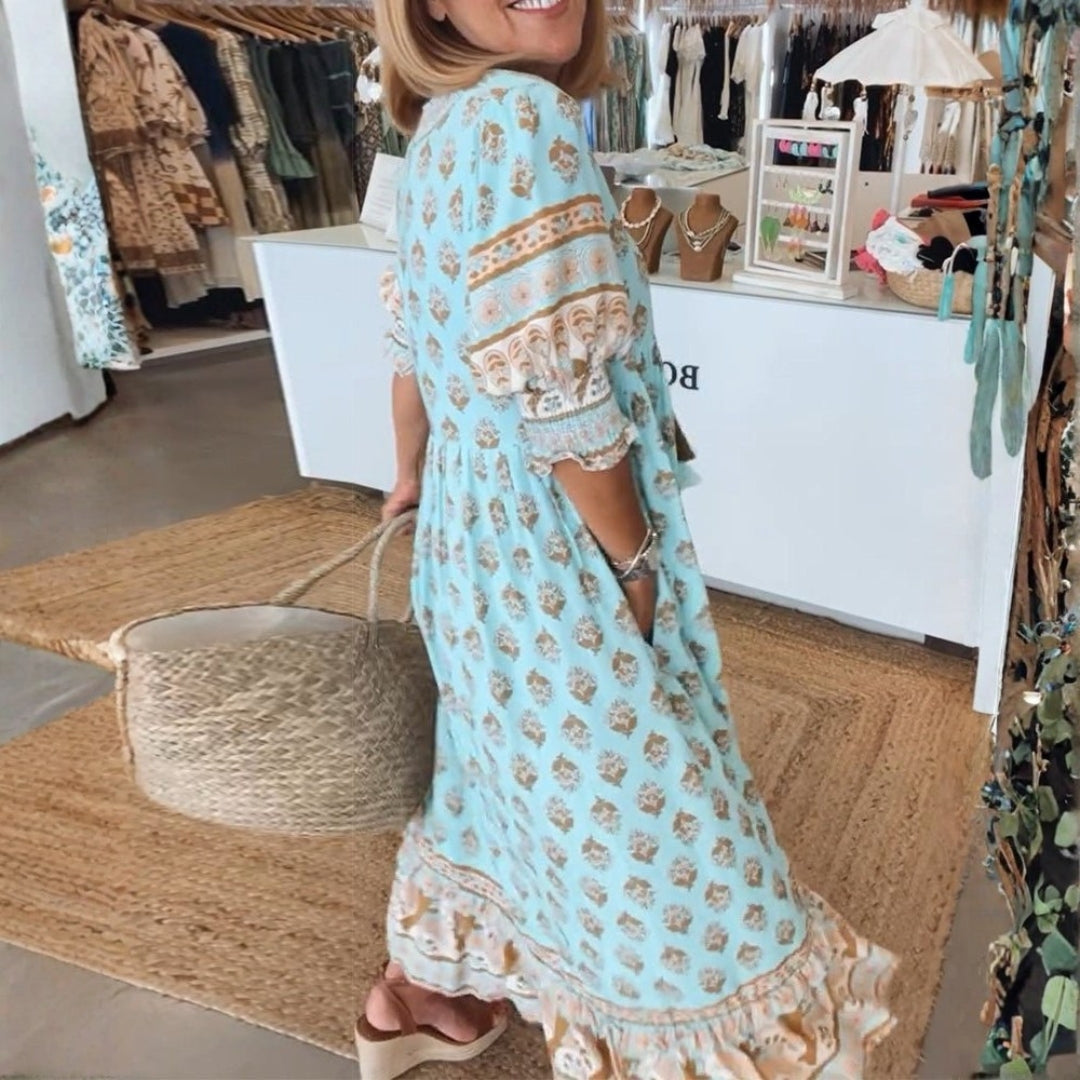 Brooklyn | Women's Boho Printed Tassel Tie Midi Dress