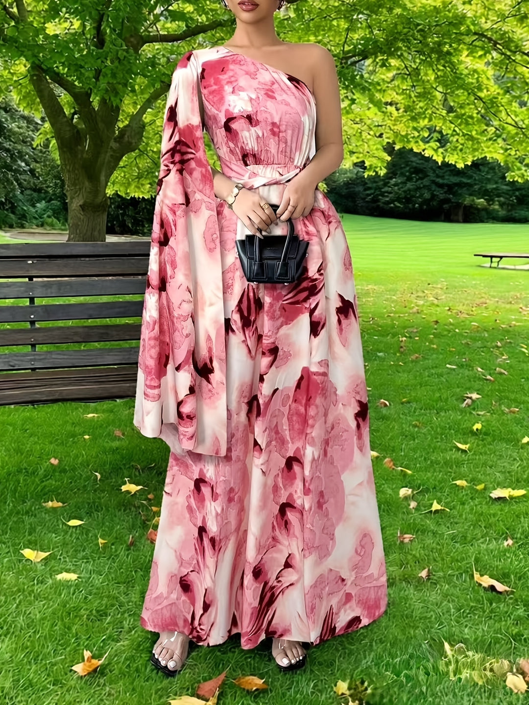 Stella - Floral Print One-Shoulder Wedding Guest Maxi Dress