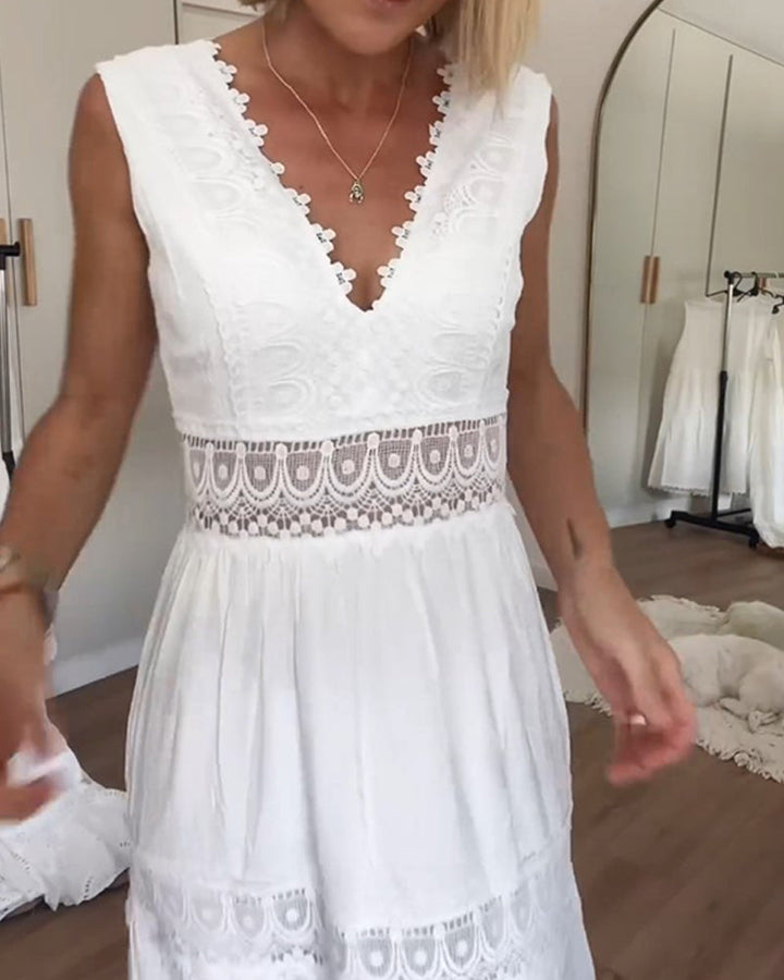 Jenna | White Boho Sleeveless A-line Midi Dress