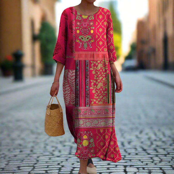 Evelyn | Boho Patchwork Three Quarter Sleeve Maxi Dress