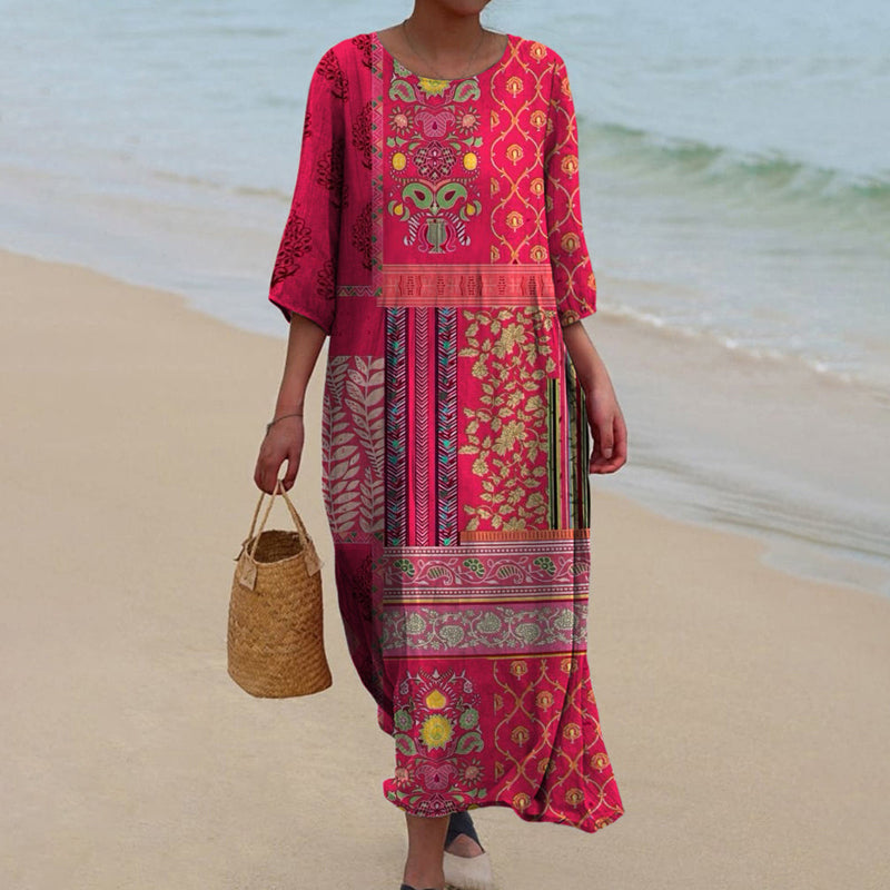 Evelyn | Boho Patchwork Three Quarter Sleeve Maxi Dress
