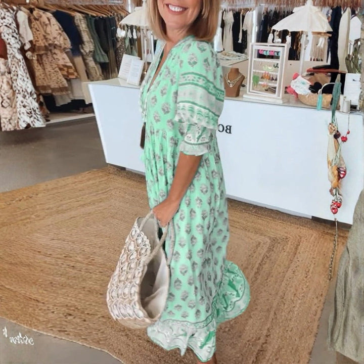 Brooklyn | Women's Boho Printed Tassel Tie Midi Dress