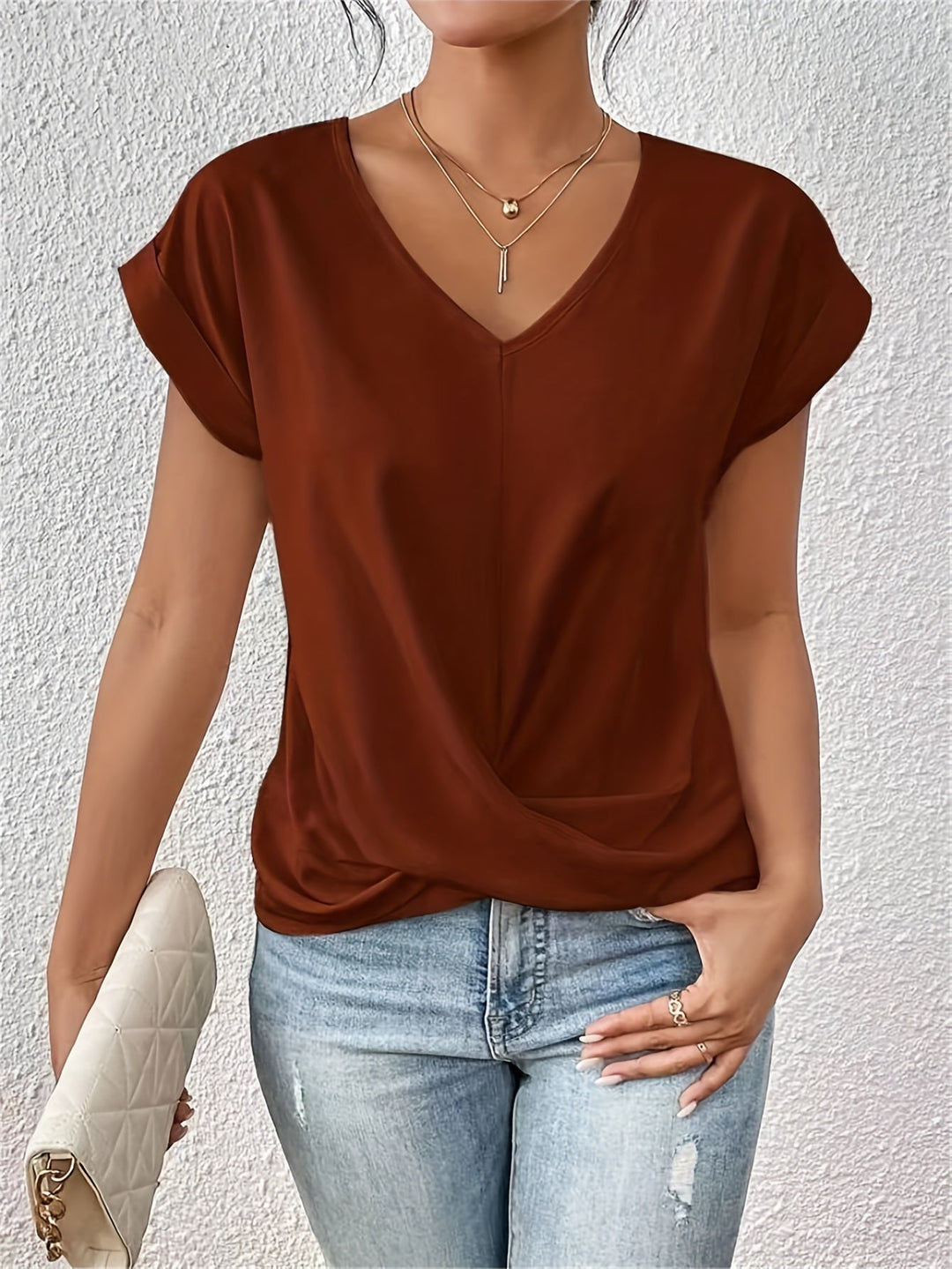 Hazel | Women's V-Neck Short-Sleeve Blouse with Front Twist-Knot