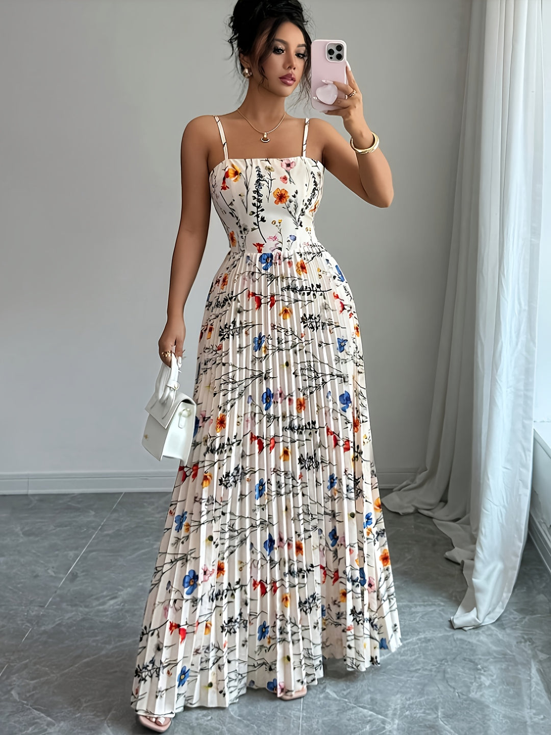 Iris - Elegant Floral Pleated Maxi Dress