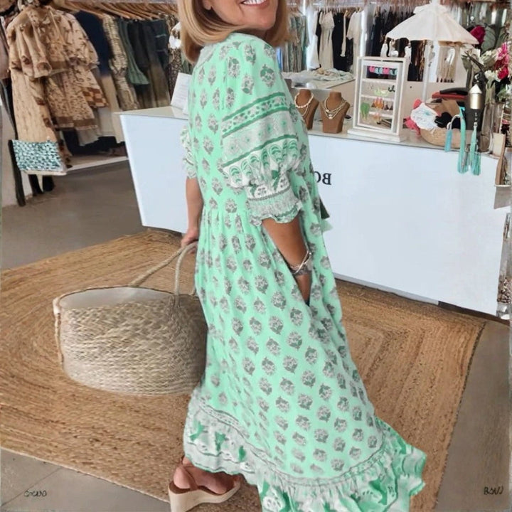 Brooklyn | Women's Boho Printed Tassel Tie Midi Dress