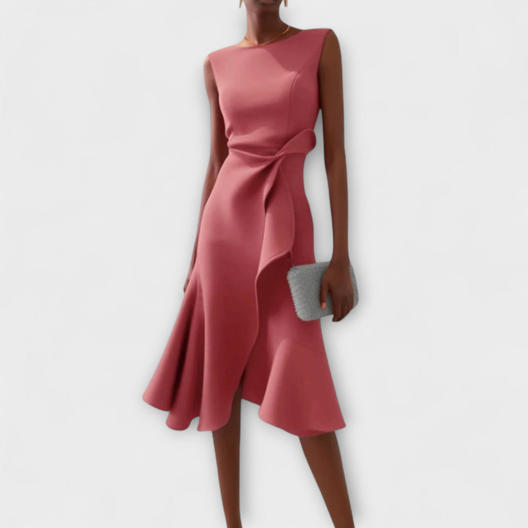 Sheila - Draped Asymmetric Formal Midi Dress