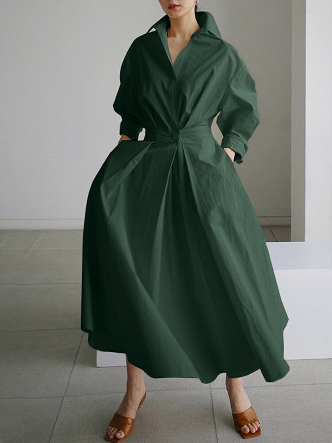 Luxe - Women Collared Long Sleeve Maxi Dress
