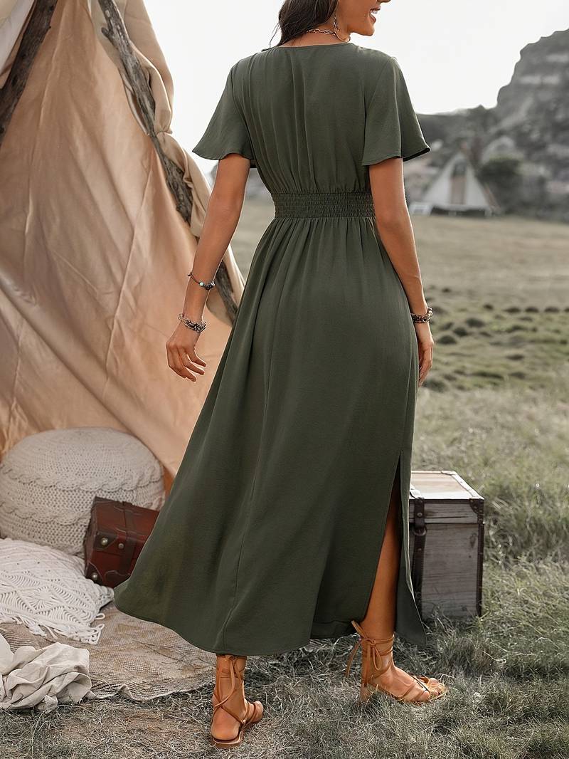 Zinnia | Army Green V-Neck Maxi Dress for Women