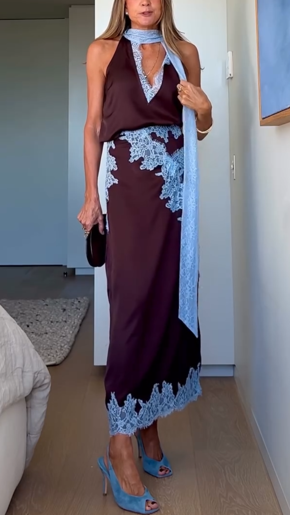 Susan - Elegant Lace Panel Halter Top and Skirt Set with Satin Maxi Skirt