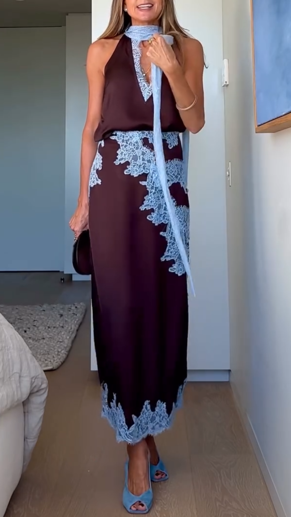 Susan - Elegant Lace Panel Halter Top and Skirt Set with Satin Maxi Skirt
