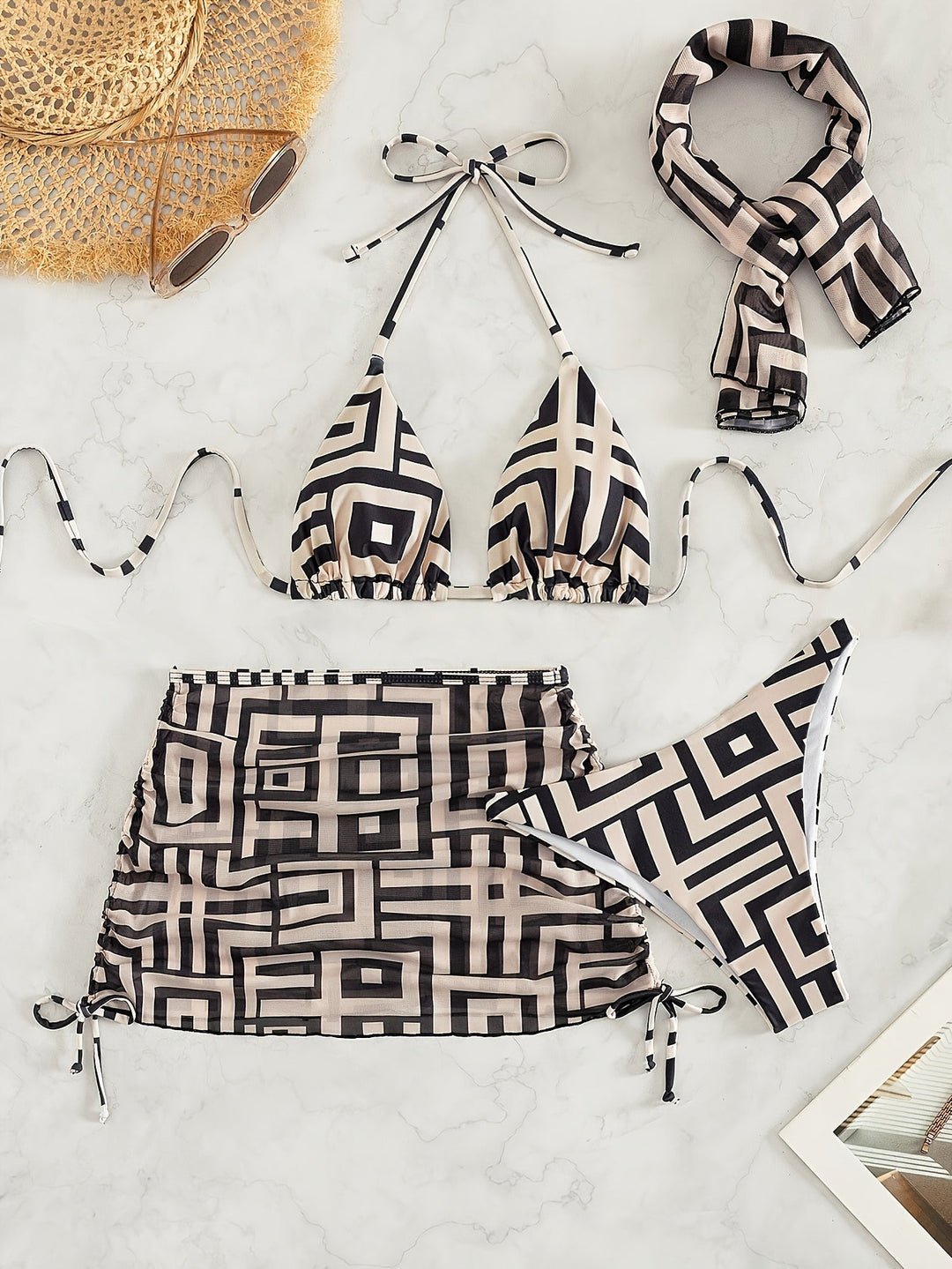 Mina - Women's Geometric Bikini Skirt Set with Headband