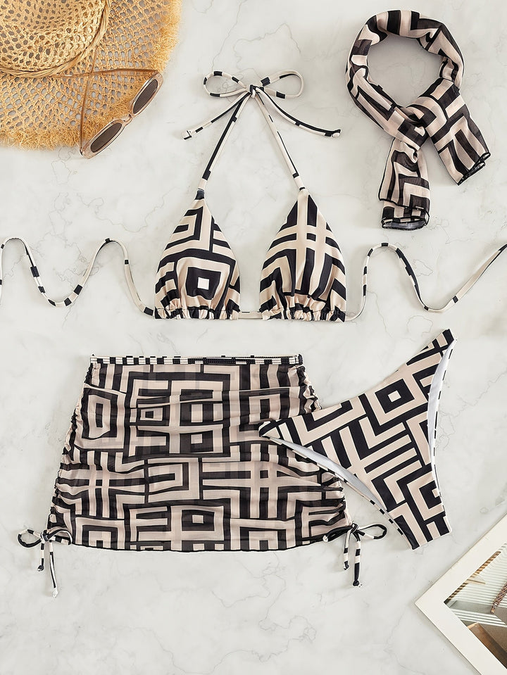 Mina - Women's Geometric Bikini Skirt Set with Headband