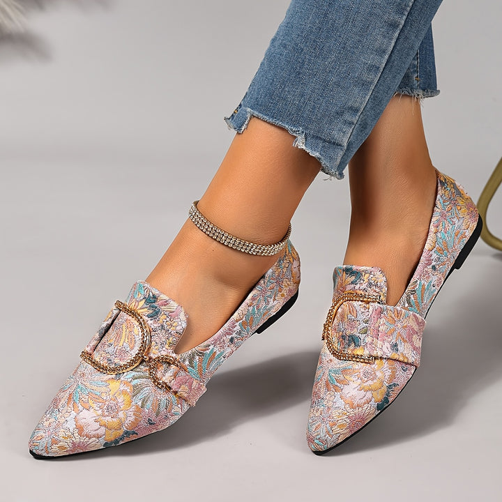 Elegant Pointed Toe Floral Rhinestone Buckle Flat Shoes