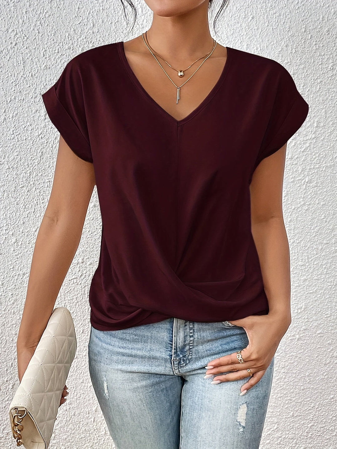 Hazel | Women's V-Neck Short-Sleeve Blouse with Front Twist-Knot