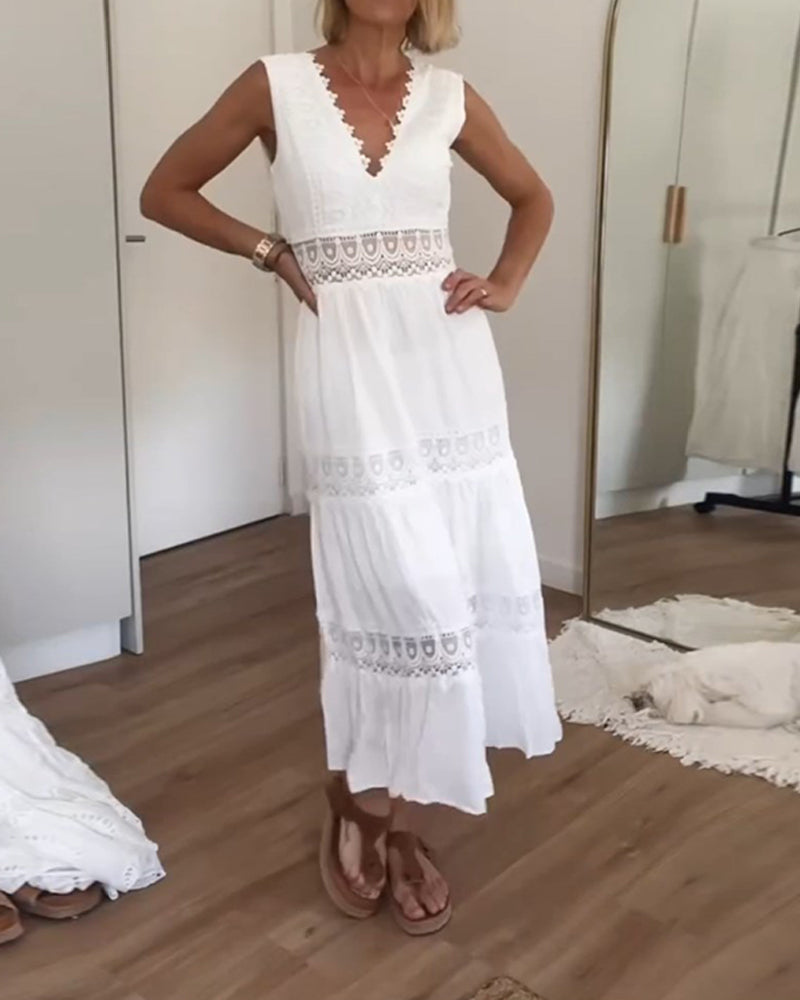 Jenna | White Boho Sleeveless A-line Midi Dress