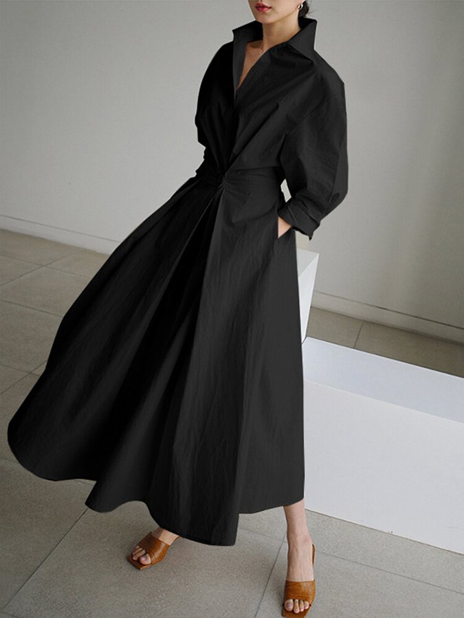 Luxe - Women Collared Long Sleeve Maxi Dress
