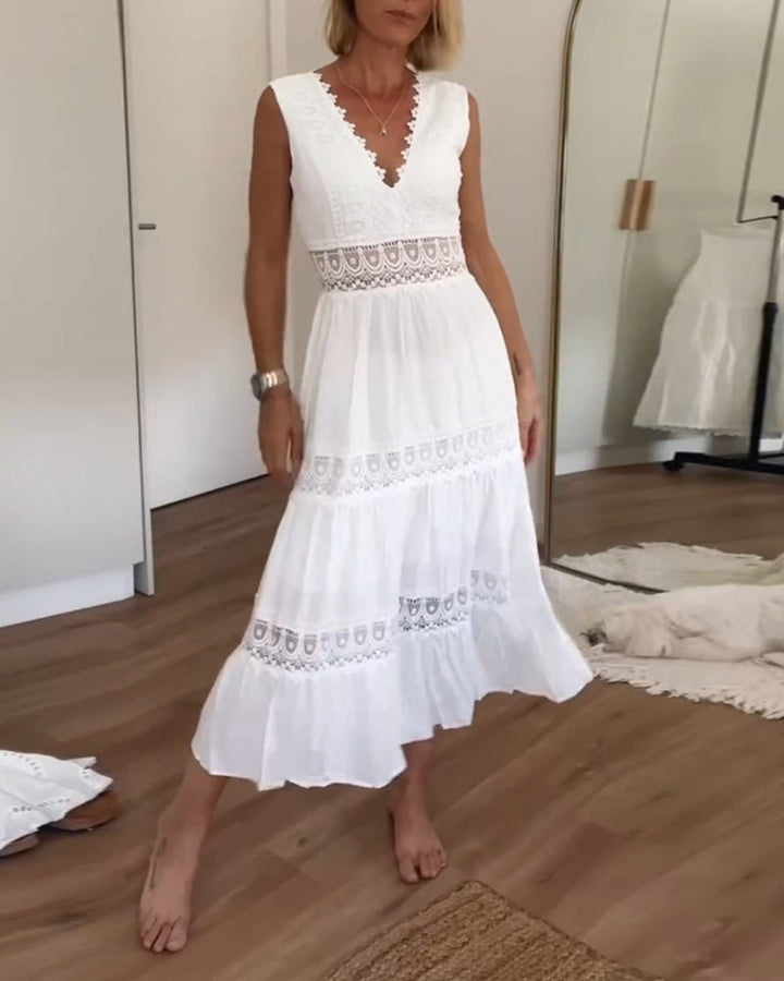 Jenna | White Boho Sleeveless A-line Midi Dress