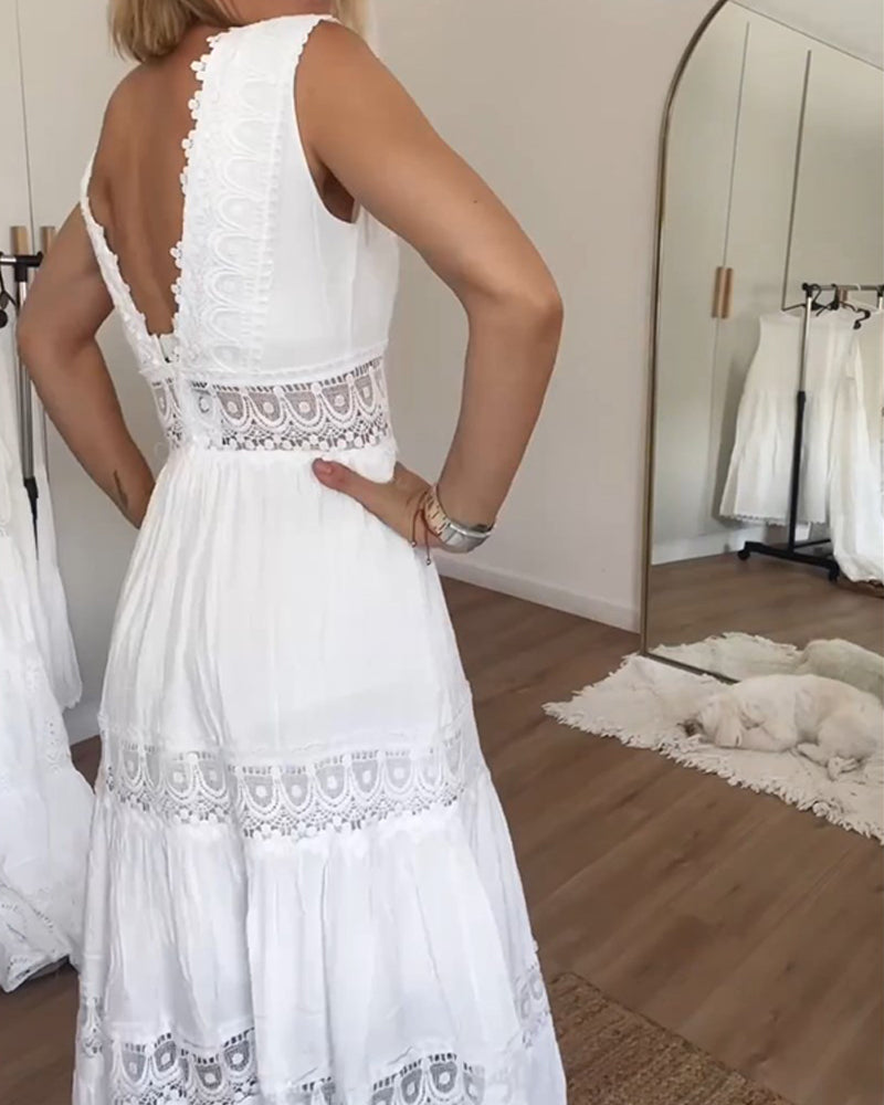 Jenna | White Boho Sleeveless A-line Midi Dress