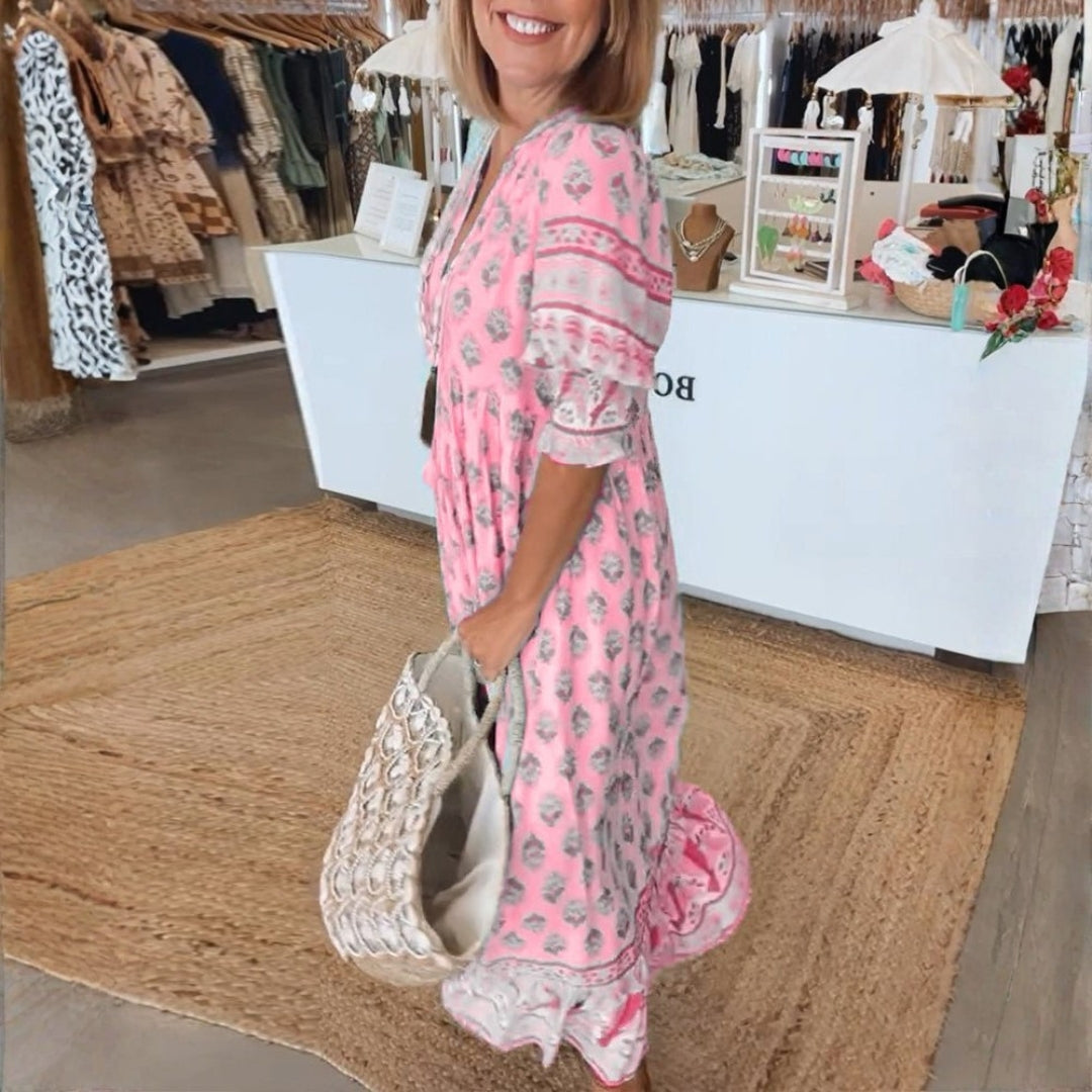 Brooklyn | Women's Boho Printed Tassel Tie Midi Dress