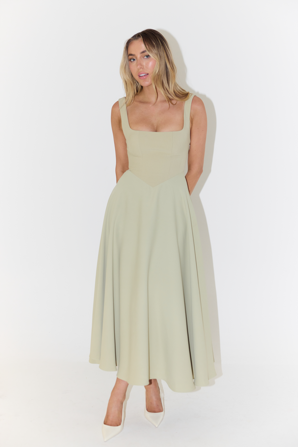 Levy | High Waist Square Neck Sleeveless Midi Dress for Women