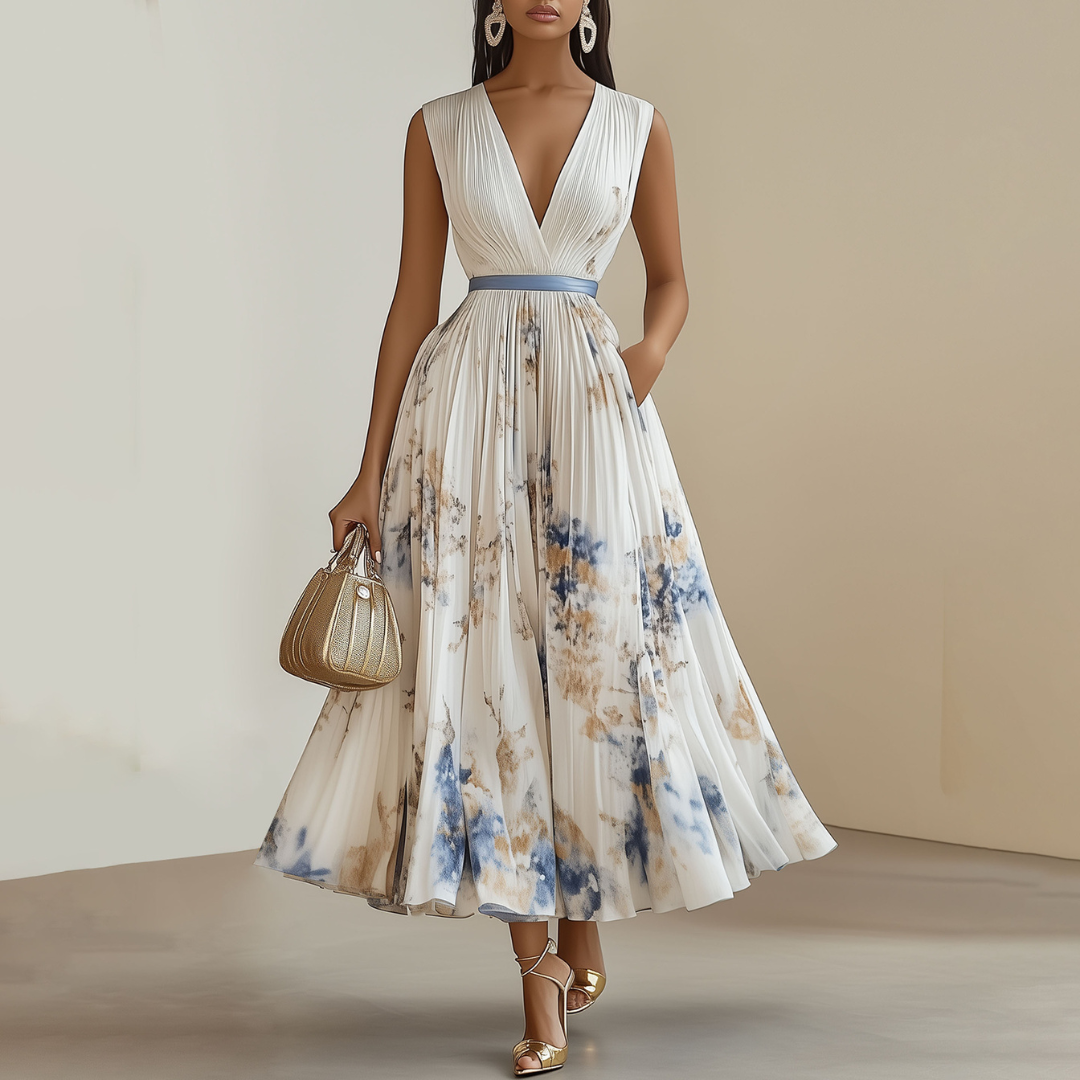Megan | Women’s Pleated V-Neck Midi Dress