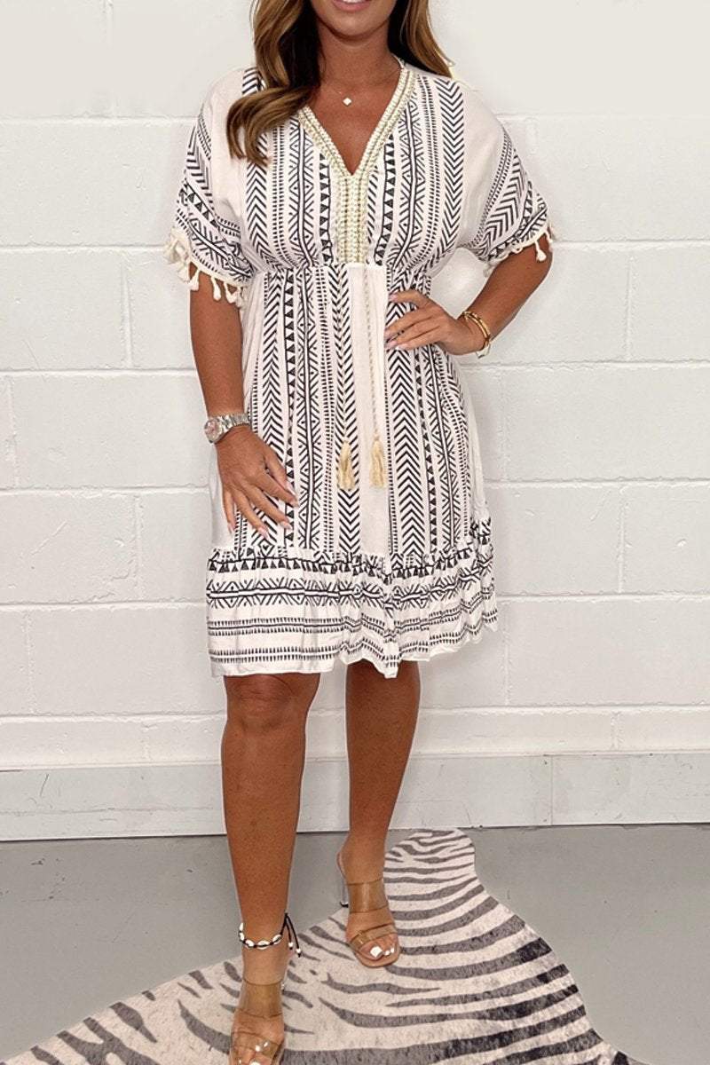 Sophia | Women’s Boho Printed Tassel Mini Dress For Summer