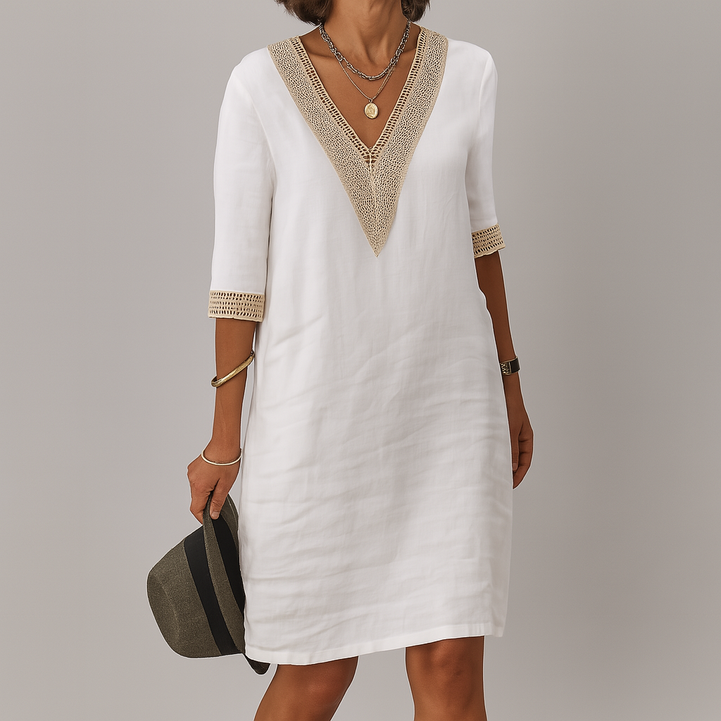 Liana | Women’s V-Neck Midi Dress with 3/4 Length Lace-Trimmed Sleeves