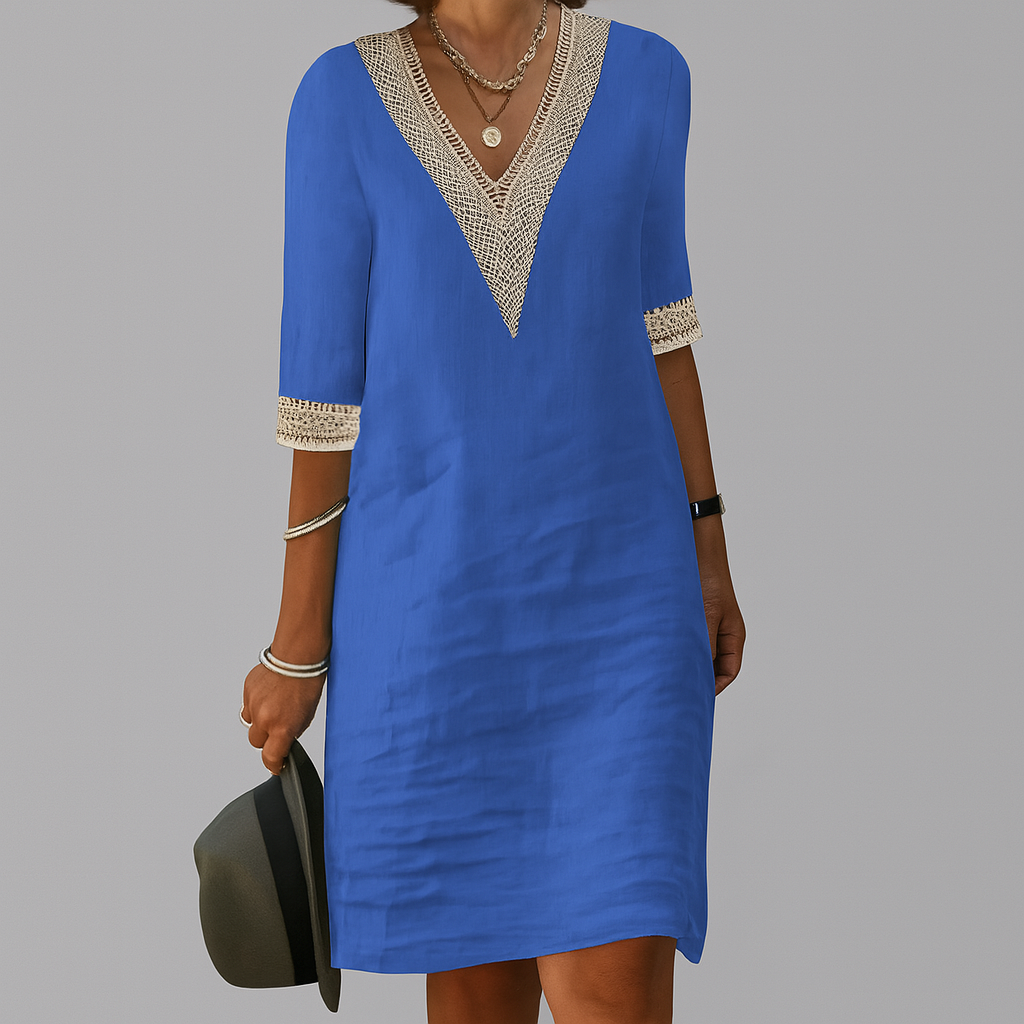 Liana | Women’s V-Neck Midi Dress with 3/4 Length Lace-Trimmed Sleeves