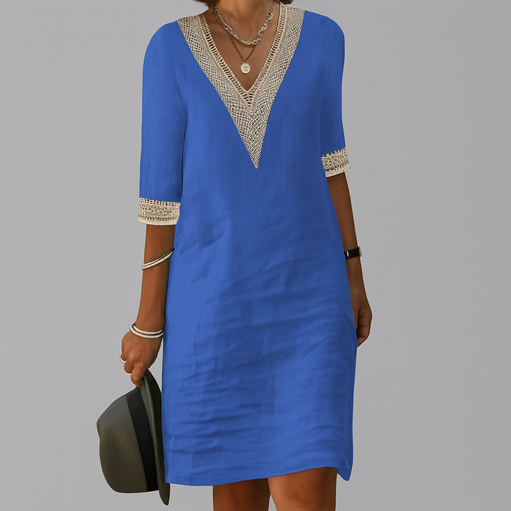 Liana | Women’s V-Neck Midi Dress with 3/4 Length Lace-Trimmed Sleeves