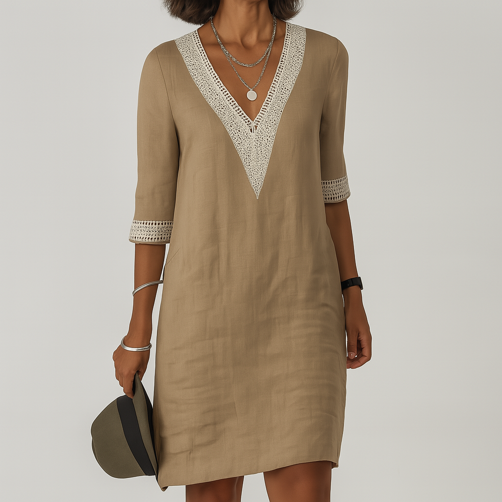 Liana | Women’s V-Neck Midi Dress with 3/4 Length Lace-Trimmed Sleeves