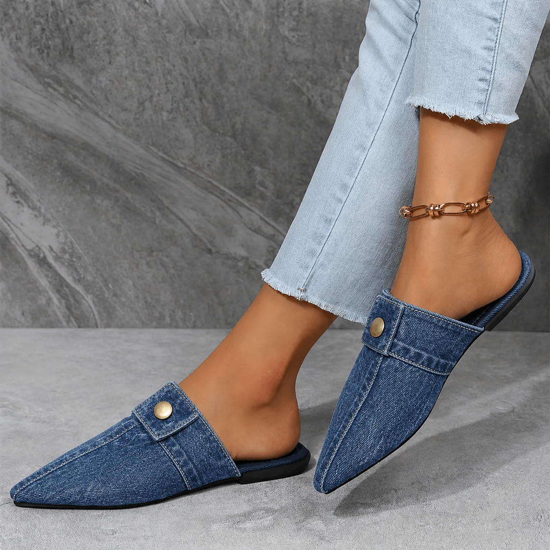 Sofia | Women's Pointed Toe Denim Mule Slip-On Flat Slides
