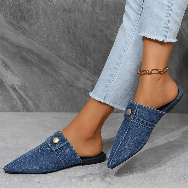 Sofia | Women's Pointed Toe Denim Mule Slip-On Flat Slides