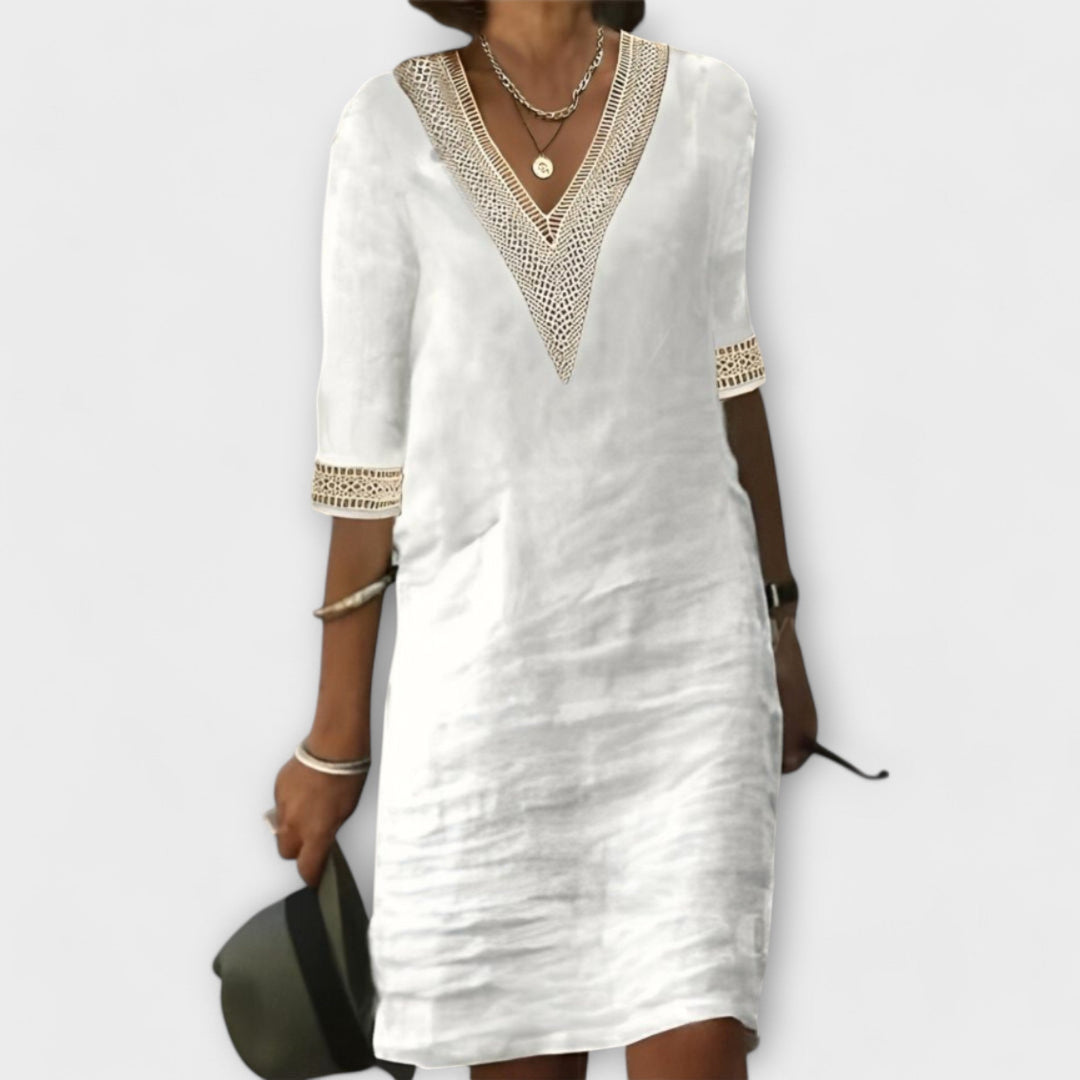 Lauren | Women's Boho V Neck Lace Trim Relaxed Dress