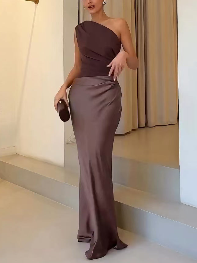 Anne - Elegant One Shoulder Pleated Maxi Dress