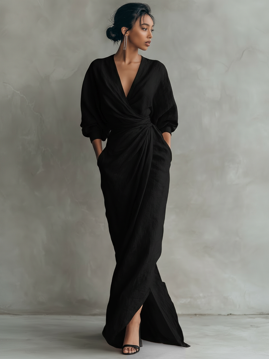 Sophia - Casual Linen Wrap Maxi Dress with Twist Waist Style