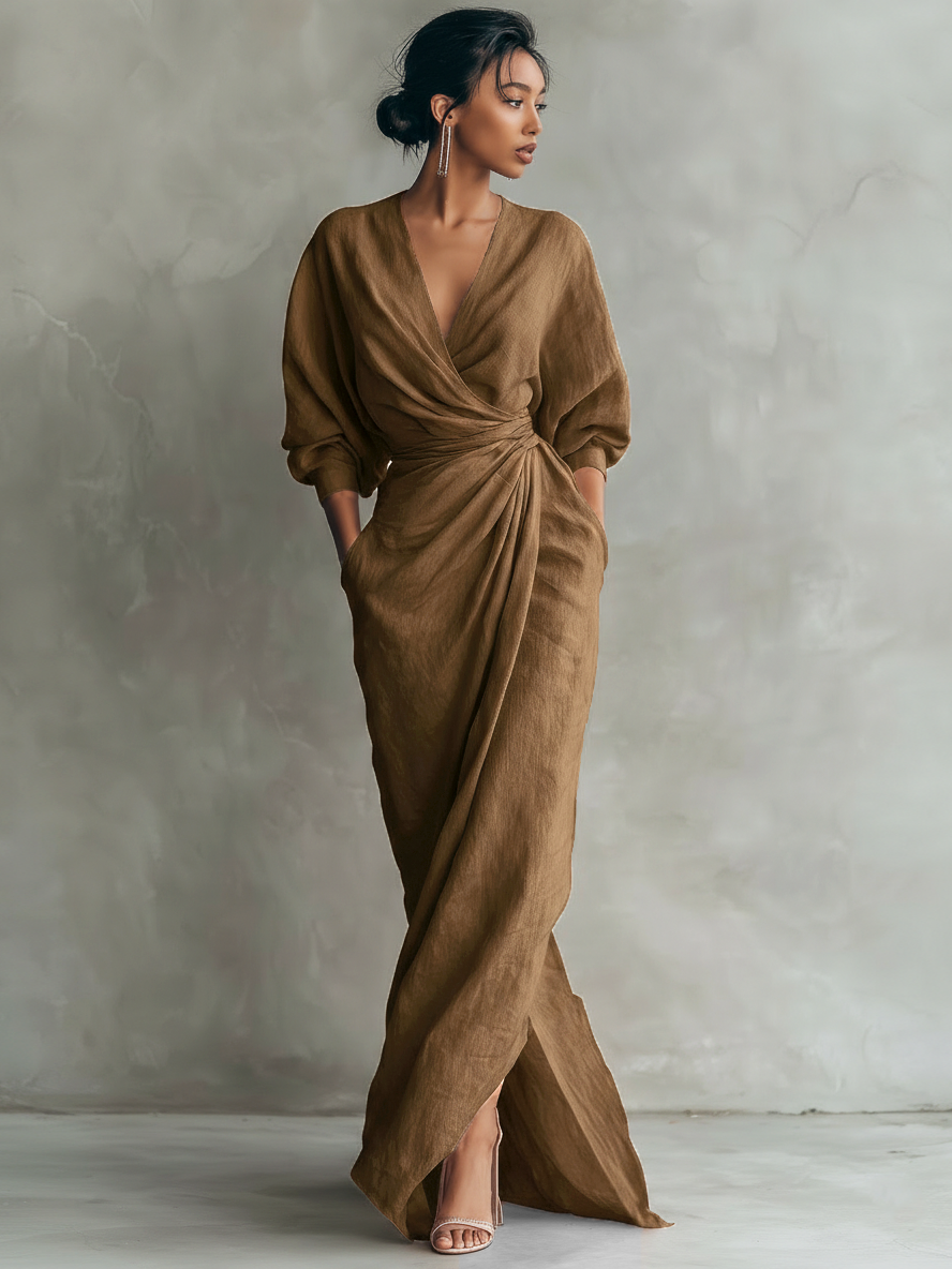 Sophia - Casual Linen Wrap Maxi Dress with Twist Waist Style