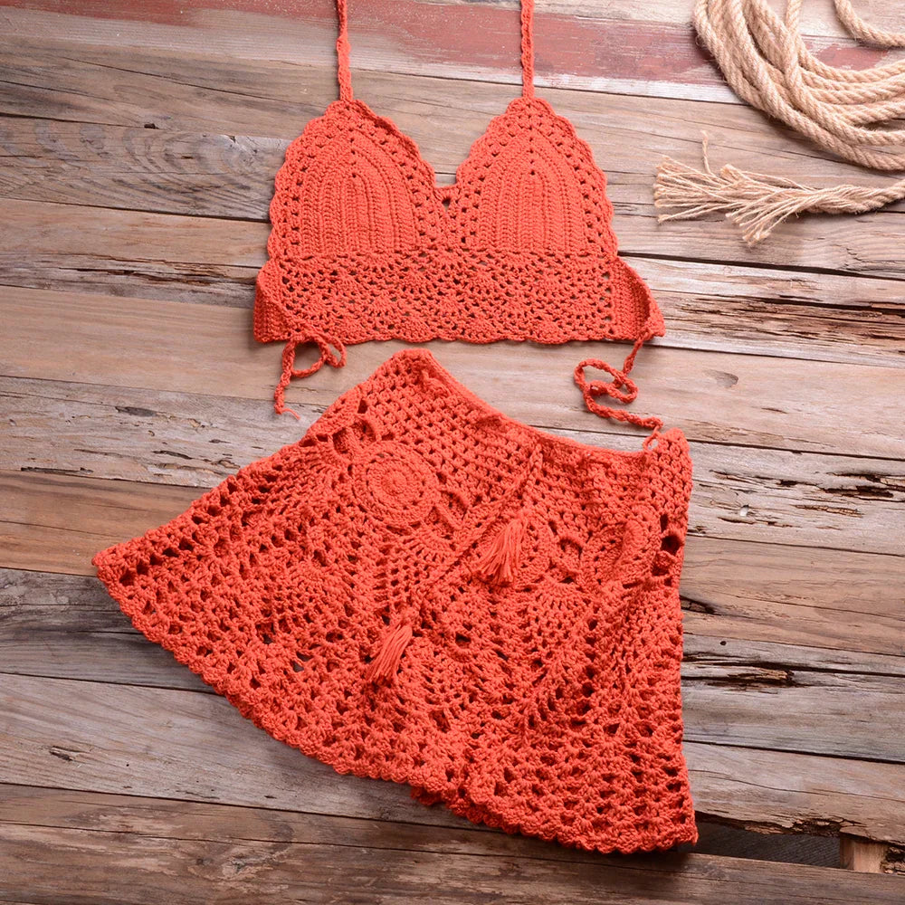 Liora - Women Crochet Halter Bikini Cover Up Set