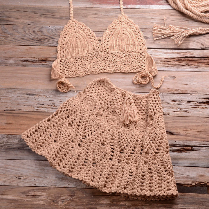 Liora - Women Crochet Halter Bikini Cover Up Set