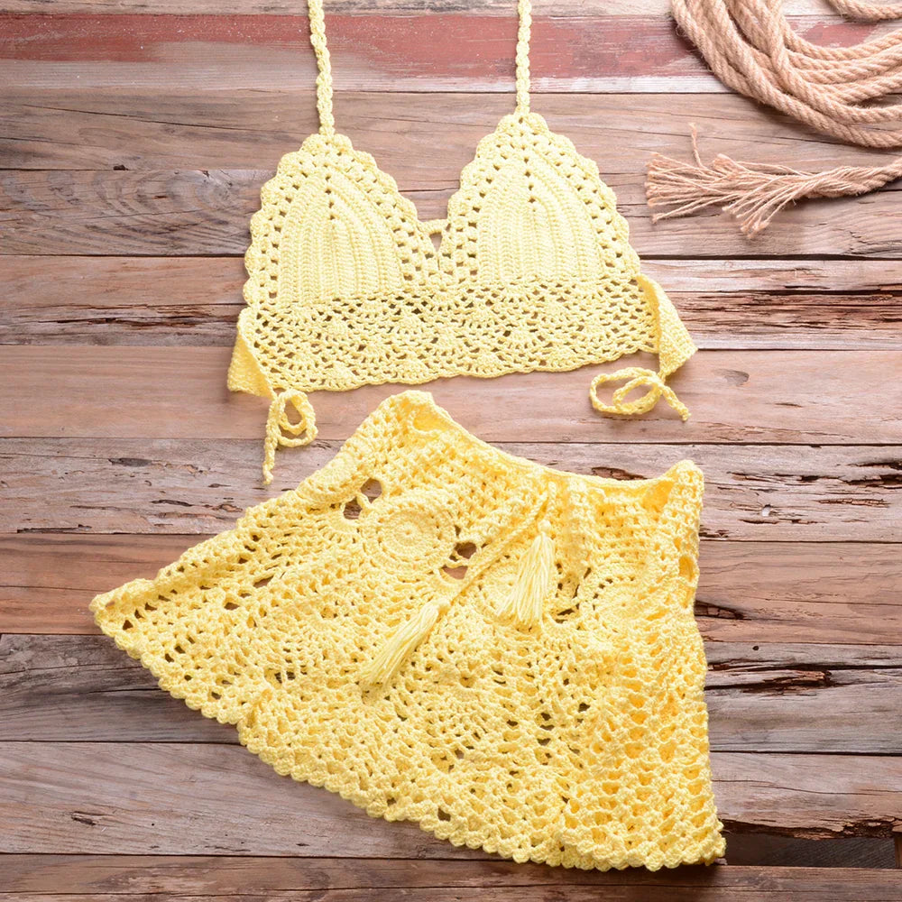 Liora - Women Crochet Halter Bikini Cover Up Set