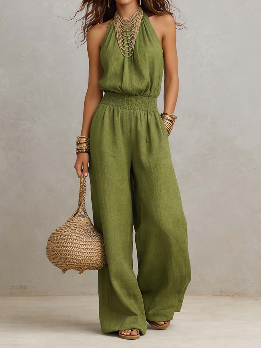 Abby | Boho Chic Halter-Neck Wide Leg Jumpsuit