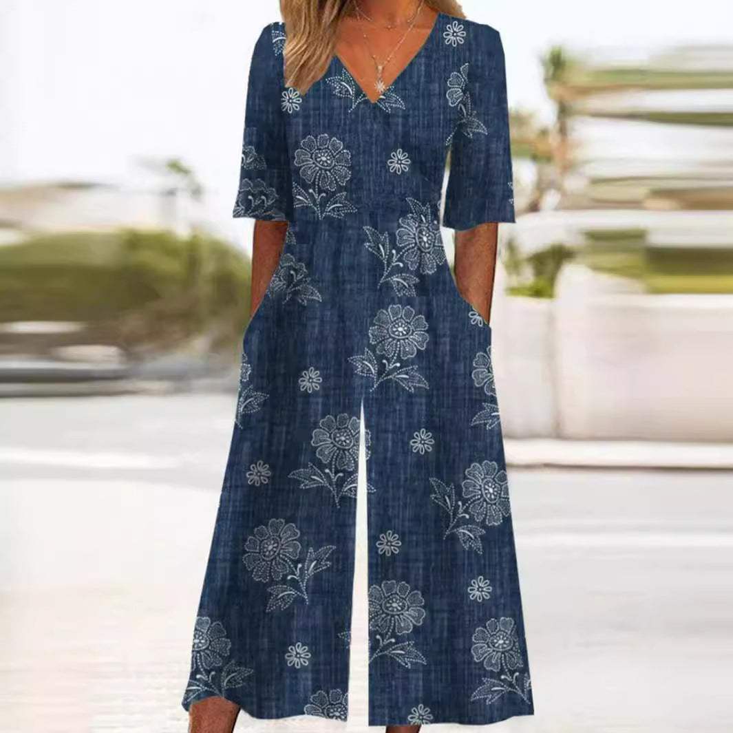 Vina | Women’s Boho Print Jumpsuit with Half Sleeves, Pockets, and Straight-Leg Trousers