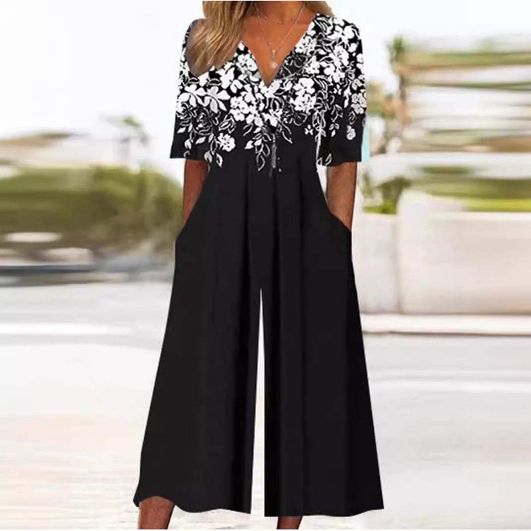 Vina | Women’s Boho Print Jumpsuit with Half Sleeves, Pockets, and Straight-Leg Trousers