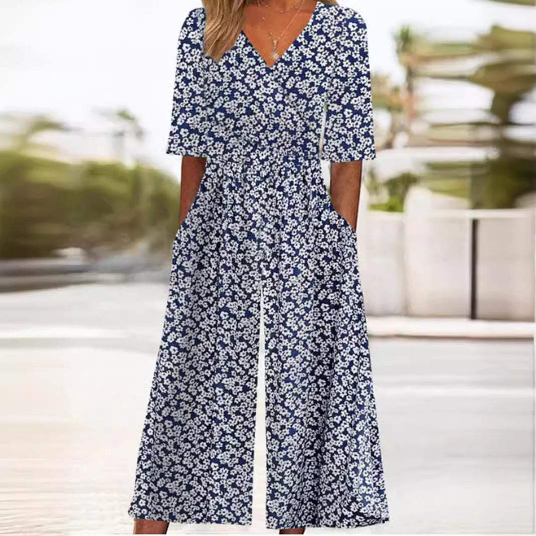 Vina | Women’s Boho Print Jumpsuit with Half Sleeves, Pockets, and Straight-Leg Trousers
