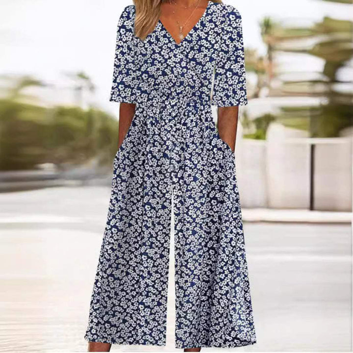 Vina | Women’s Boho Print Jumpsuit with Half Sleeves, Pockets, and Straight-Leg Trousers