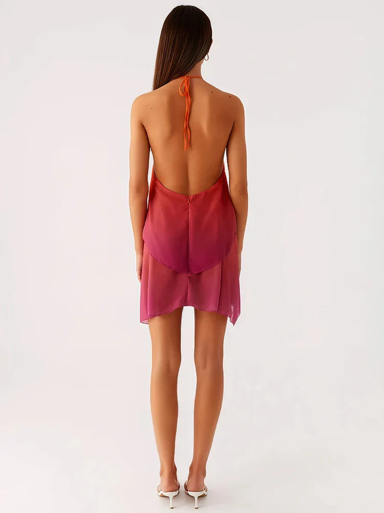 Rihana - Backless Halter-Neck Mini Vacation Dress