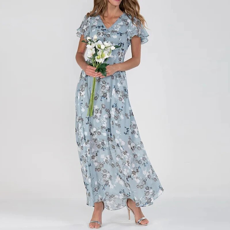 Dahlia | Women’s Floral Maxi Dress with Ruffle Short Sleeves