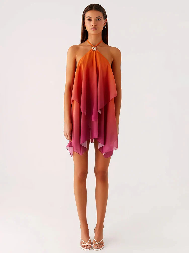 Rihana - Backless Halter-Neck Mini Vacation Dress